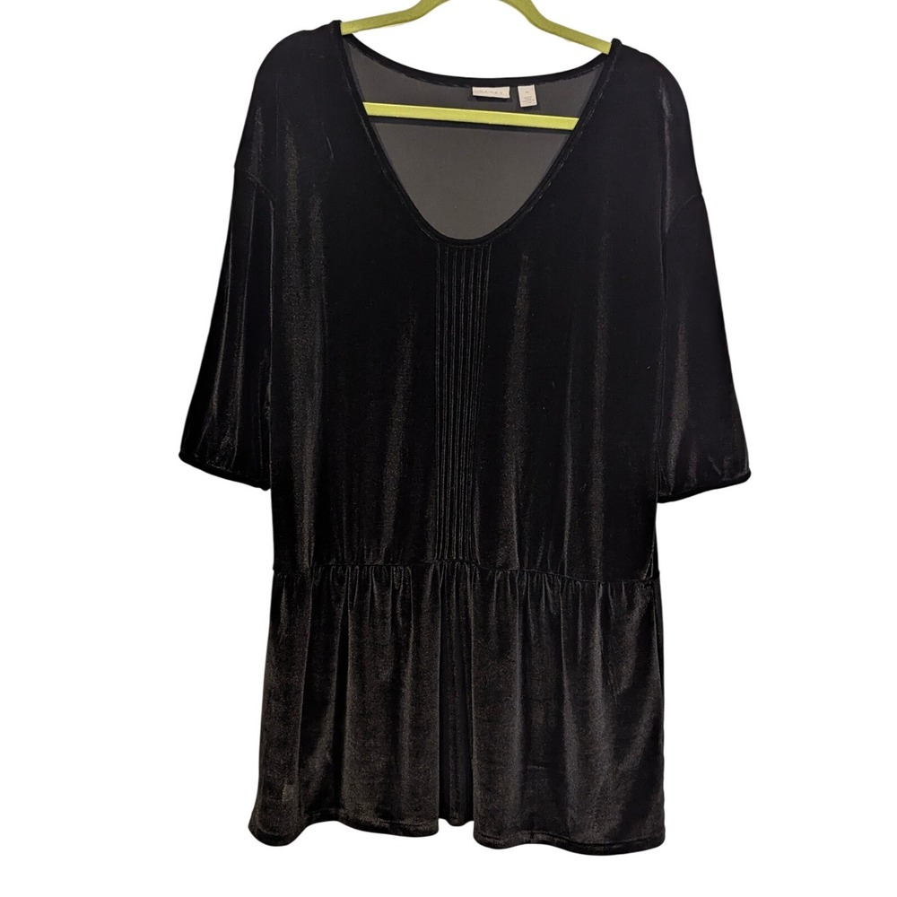 Hinge Black Velvet‎ Tunic Top Medium V Neck Pleated Peplum Short Sleeve